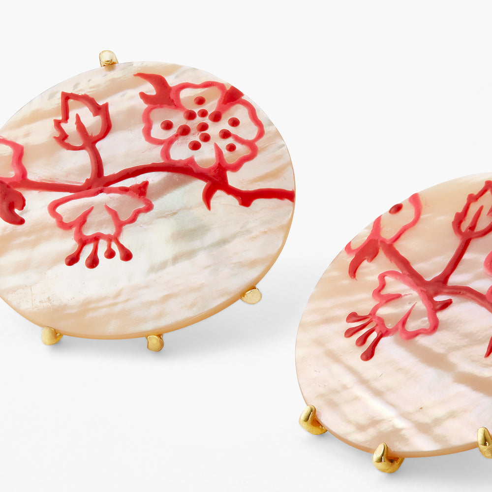 Rosebush Red Stamp on Mother of Pearl Post Earrings