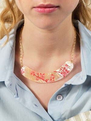 
            
                Load image into Gallery viewer, Red Rosebush Stamp on Mother of Pearl Statement Necklace
            
        