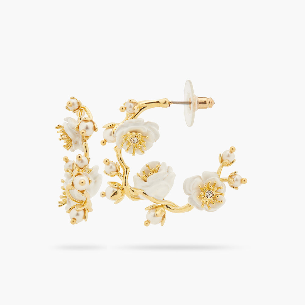 White Rose Branch and Pearls Post Hoop Earrings