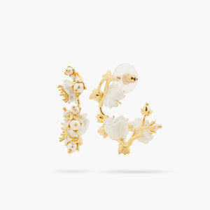 White Rose Branch and Pearls Post Hoop Earrings