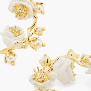 White Rose Branch and Pearls Post Hoop Earrings