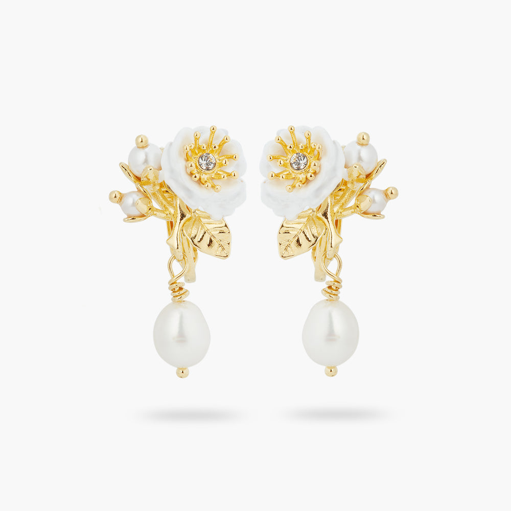 White Rose and Pearls Clip-On Earrings