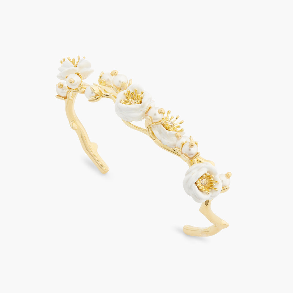 White Rose Branch and Pearls Bangle Bracelet