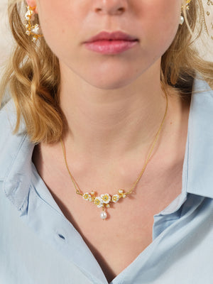 White Rose Branch and Pearls Post Hoop Earrings