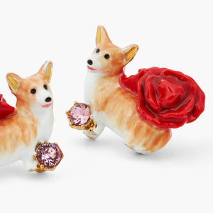 Les Néréides Loves Animals Corgi and Red Roses Clip-On Earrings