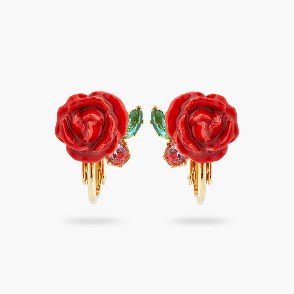 Les Néréides Loves Animals Red Rose and Pink Crystal Clip-On Earrings