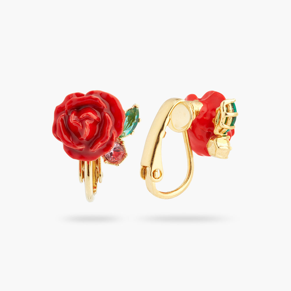 Les Néréides Loves Animals Red Rose and Pink Crystal Clip-On Earrings