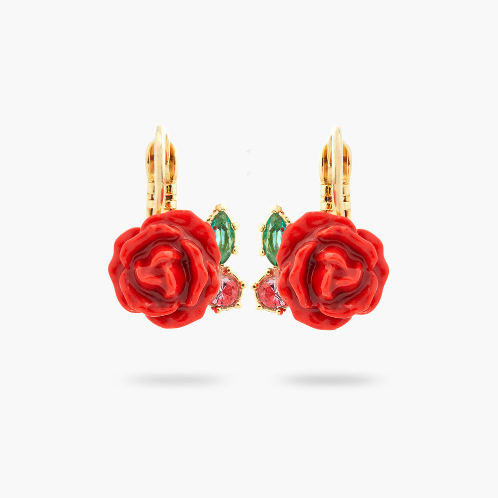 Les Néréides Loves Animals Red Rose and Pink Crystal Sleeper Earrings