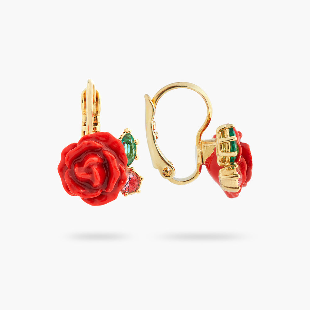 Les Néréides Loves Animals Red Rose and Pink Crystal Sleeper Earrings