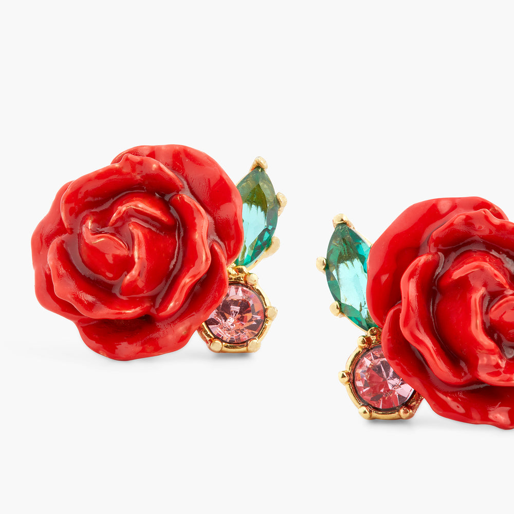 Les Néréides Loves Animals Red Rose and Pink Crystal Sleeper Earrings