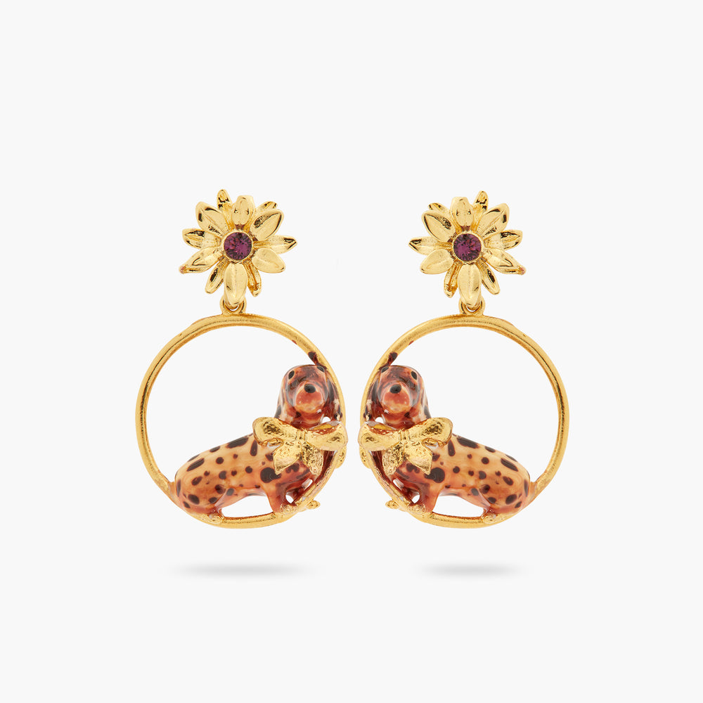 Les Néréides Loves Animals Dachshund and Flower Hoop Earrings