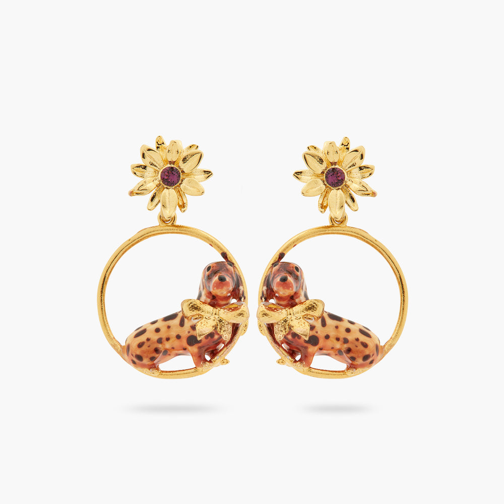 
            
                Load image into Gallery viewer, Les Néréides Loves Animals Dachshund and Flower Hoop Earrings
            
        