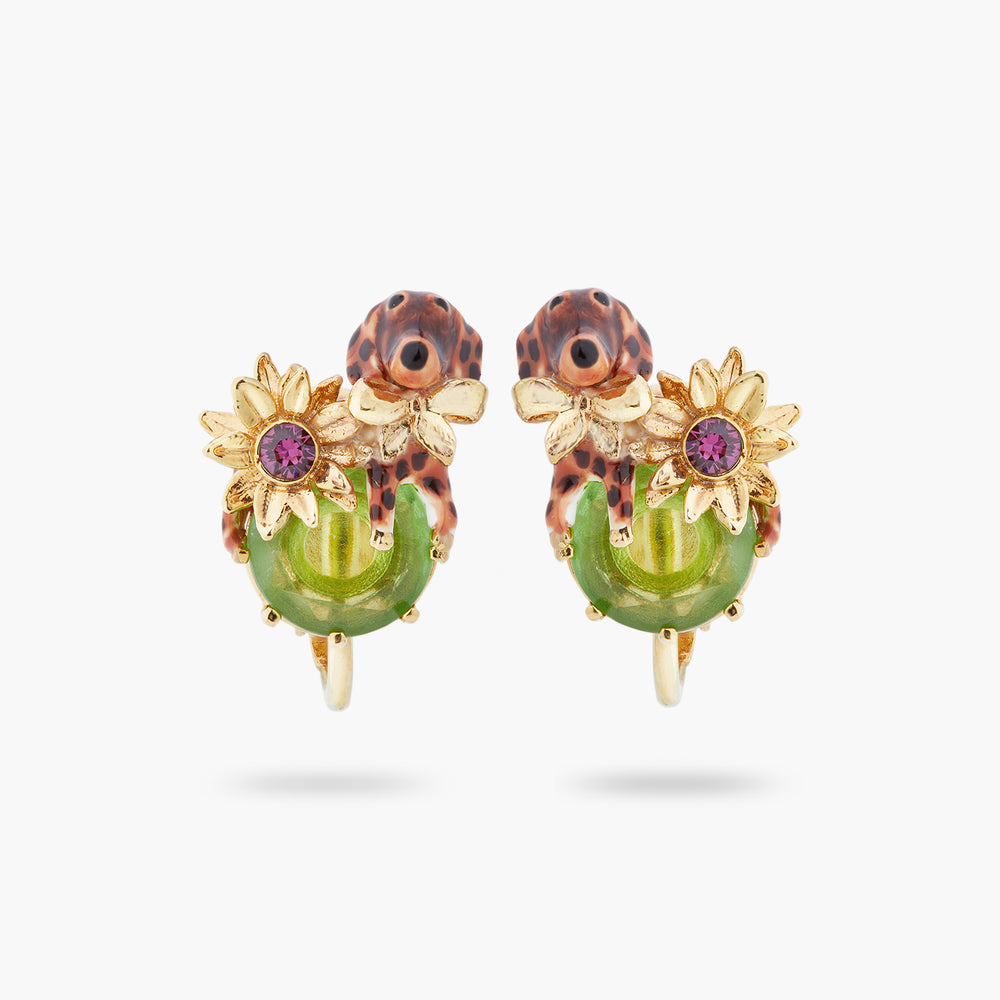 Les Néréides Loves Animals Dachshund and Stone Clip-On Earrings