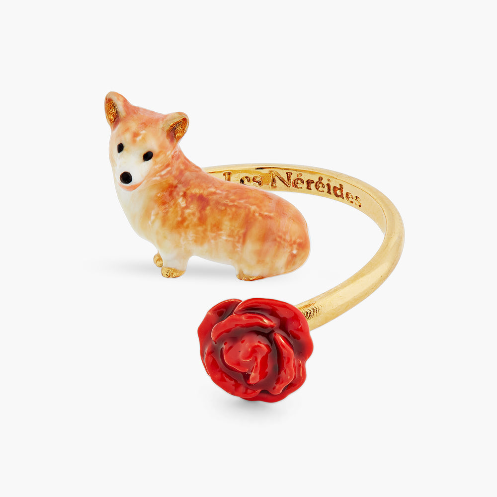 Les Néréides Loves Animals Corgi and Red Rose Adjustable Ring