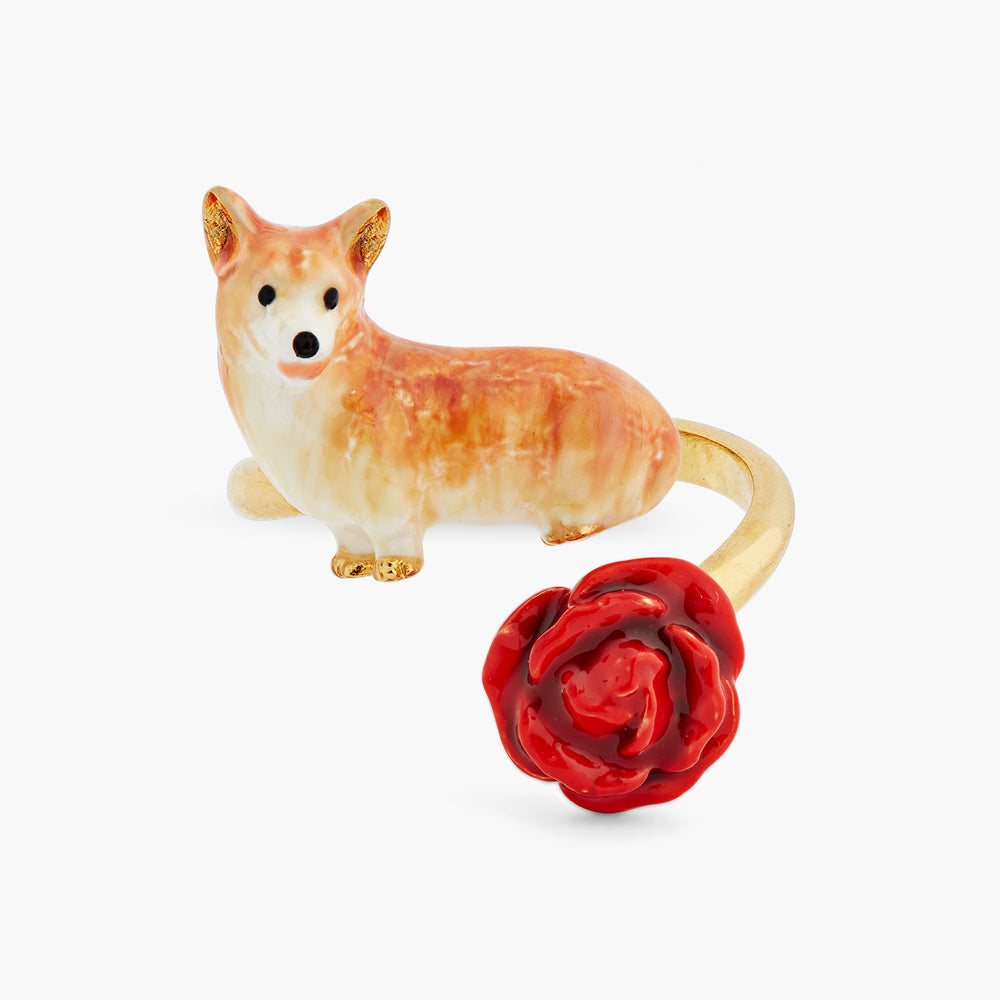 Les Néréides Loves Animals Corgi and Red Rose Adjustable Ring