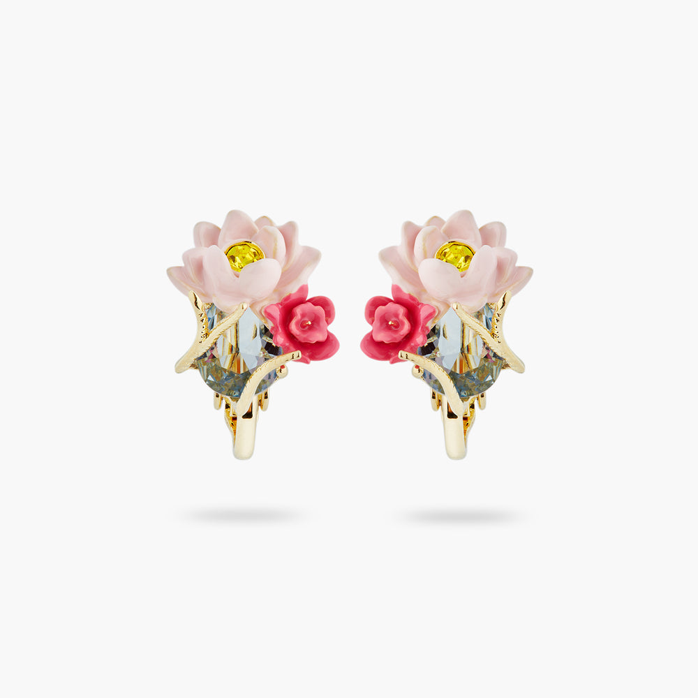 Pink Lotus and Light Blue Stone Clip-on Earrings