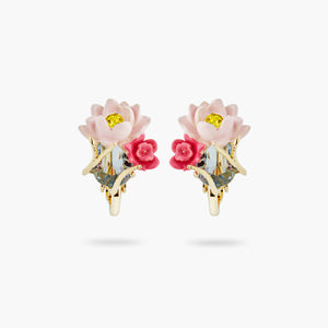 Pink Lotus and Light Blue Stone Clip-on Earrings