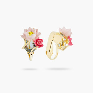 Pink Lotus and Light Blue Stone Clip-on Earrings