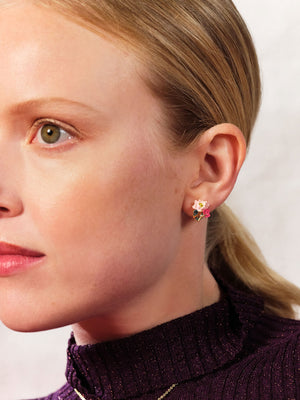 Pink Lotus and Light Blue Stone Sleeper Earrings