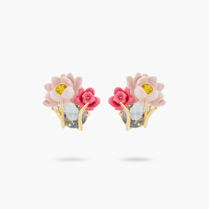 Pink Lotus and Light Blue Stone Post Earrings
