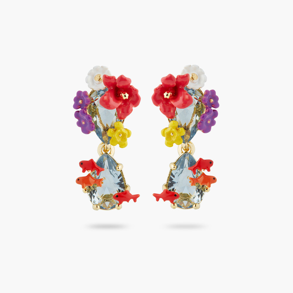 Double Stone, Flowers and Koi Fish Post Earrings