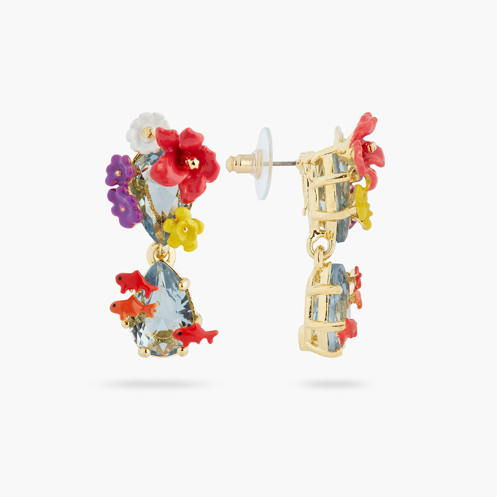 Double Stone, Flowers and Koi Fish Post Earrings