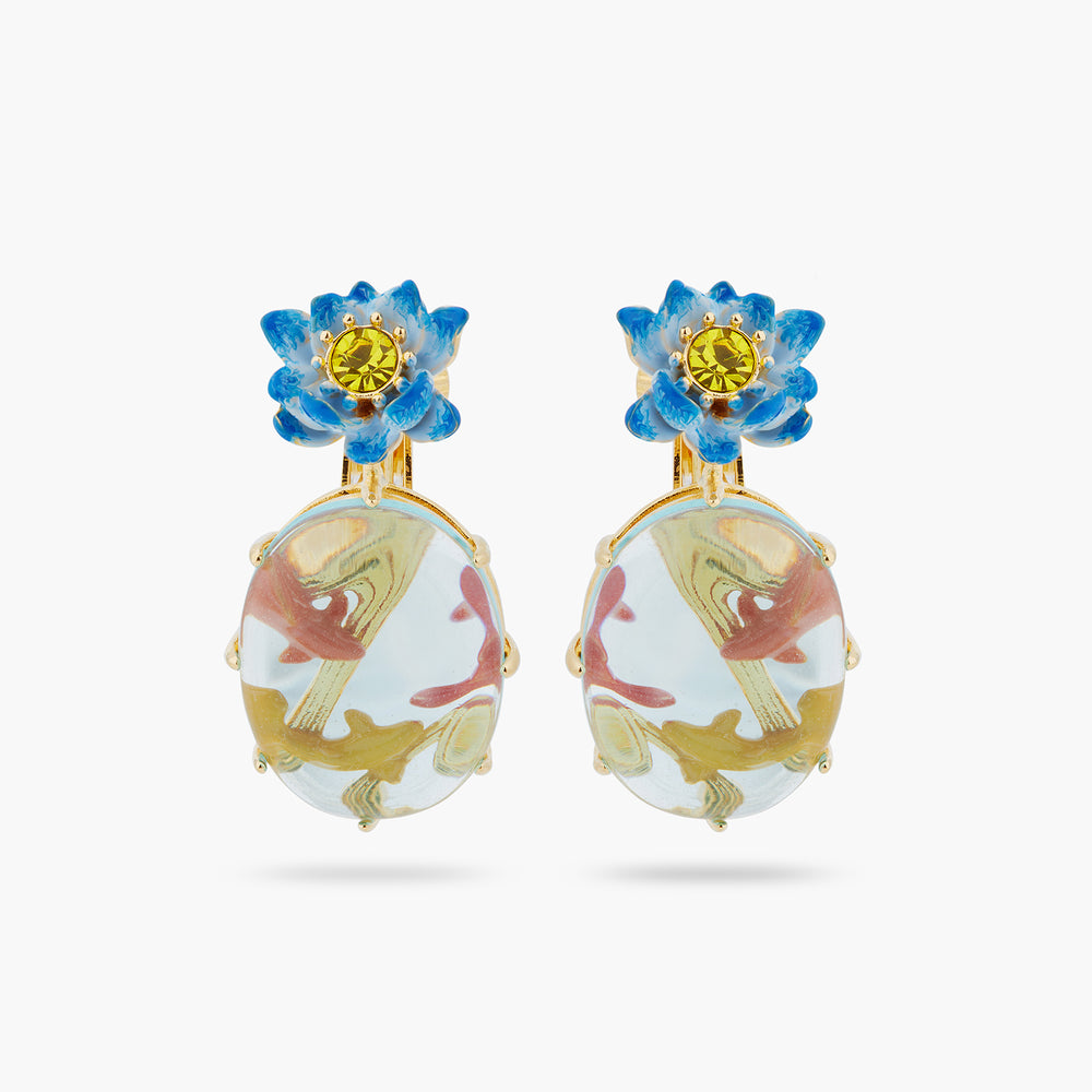 Blue Lotus, Glass Oval and Koi Fish Clip-on Earrings
