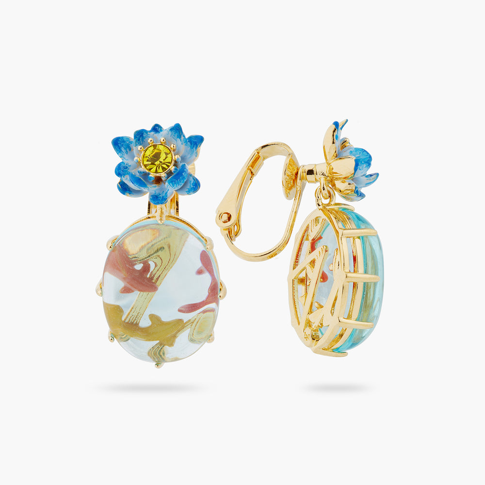Blue Lotus, Glass Oval and Koi Fish Clip-on Earrings