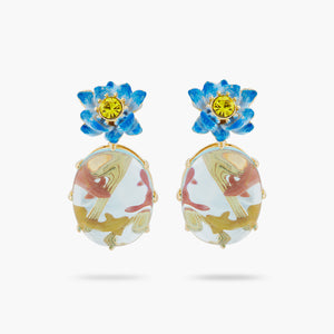 Blue Lotus, Glass Oval and Koi Fish Post Earrings