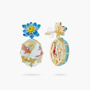 Blue Lotus, Glass Oval and Koi Fish Post Earrings