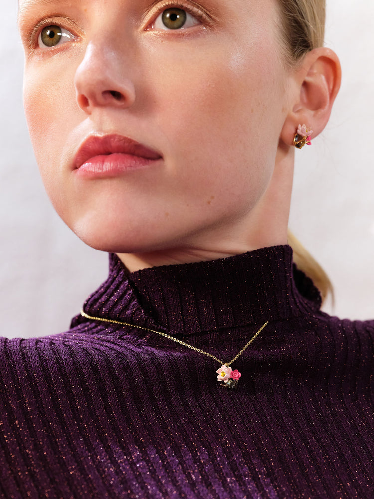 Pink Lotus and Light Blue Stone Sleeper Earrings