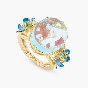 Glass Oval, Koi Fish and Blue Lotus Cocktail Ring