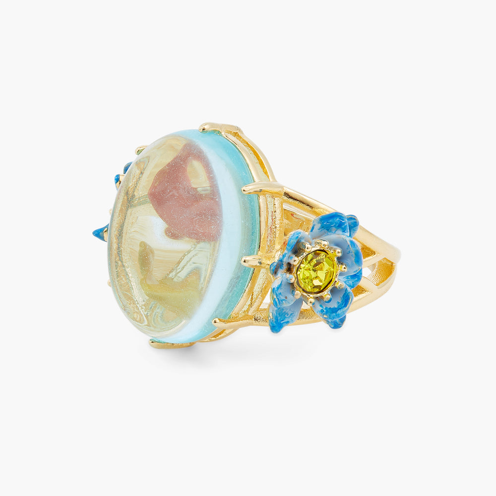 Glass Oval, Koi Fish and Blue Lotus Cocktail Ring
