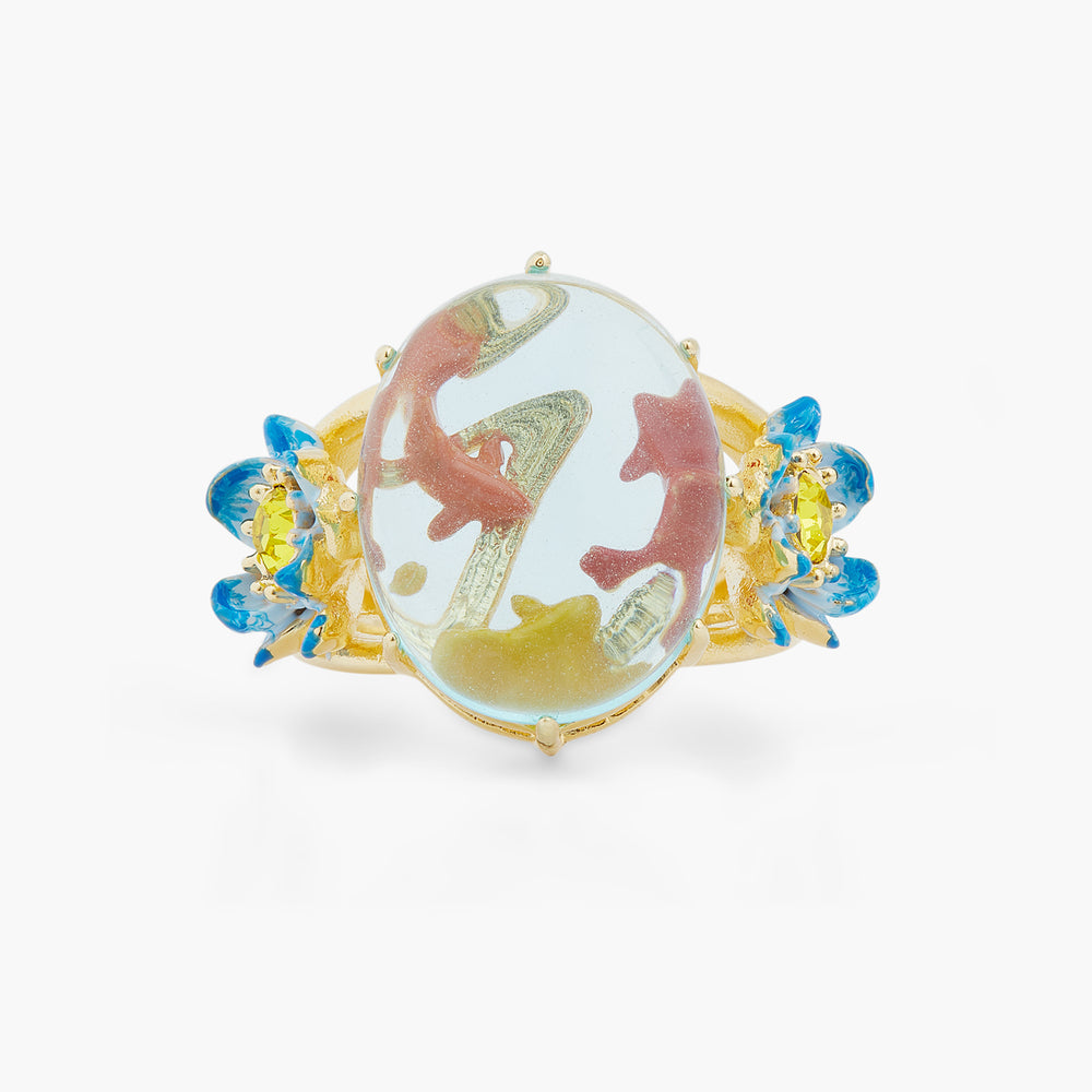 Glass Oval, Koi Fish and Blue Lotus Cocktail Ring