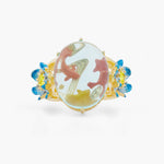 Glass Oval, Koi Fish and Blue Lotus Cocktail Ring