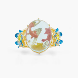 Glass Oval, Koi Fish and Blue Lotus Cocktail Ring