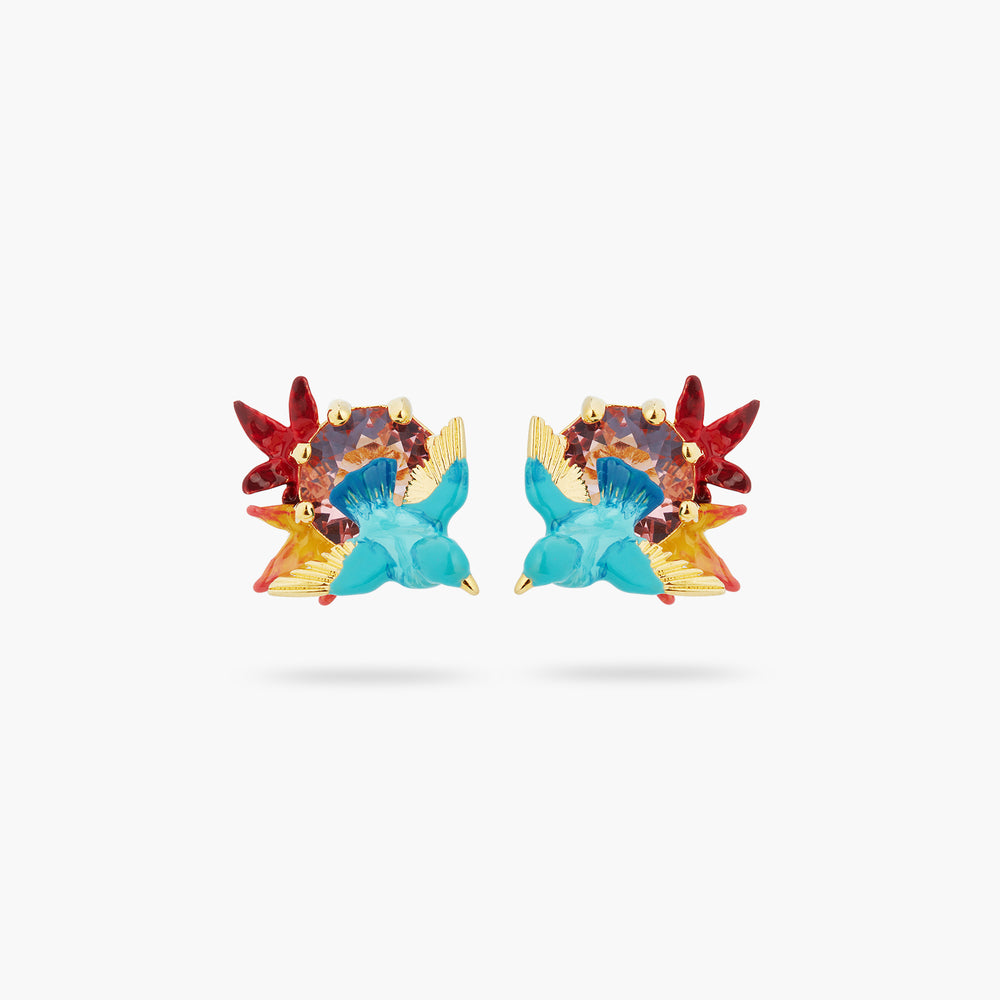 Kingfisher, Maple Leaf and Round Stone Post Earrings