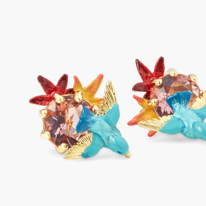 Kingfisher, Maple Leaf and Round Stone Post Earrings