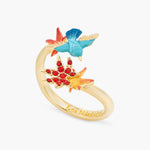 Kingfisher and Maple Leaf Paved with Garnet Crystals Adjustable Ring