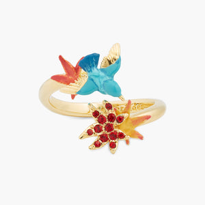 Kingfisher and Maple Leaf Paved with Garnet Crystals Adjustable Ring