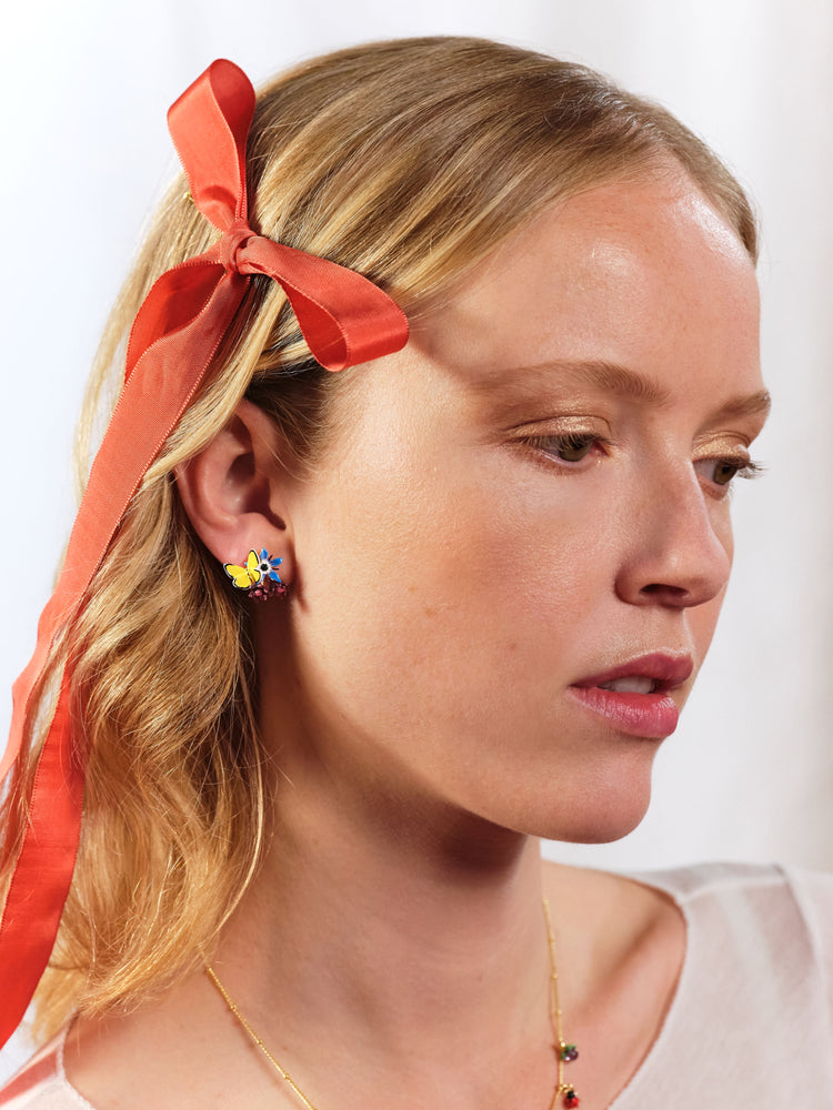 Blue Flower and Yellow Butterfly Post Earrings