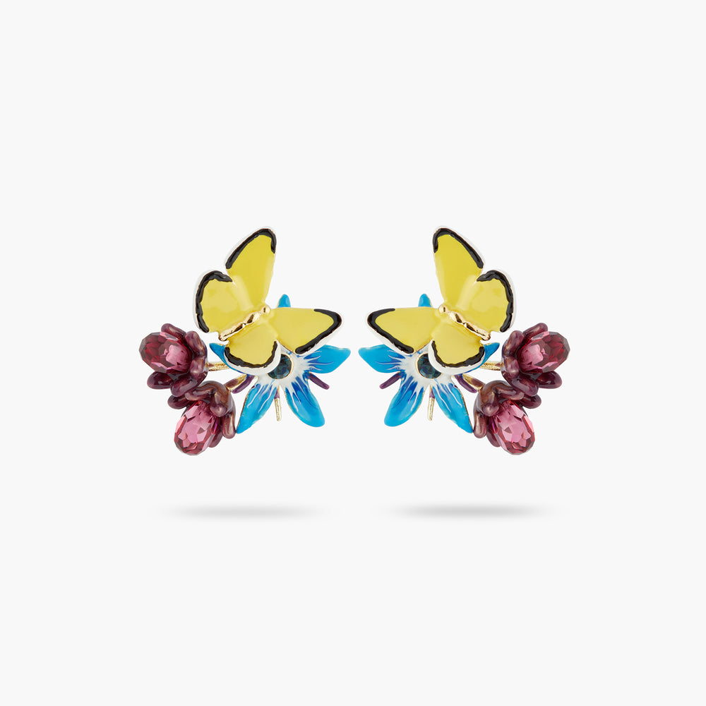 Blue Flower and Yellow Butterfly Post Earrings