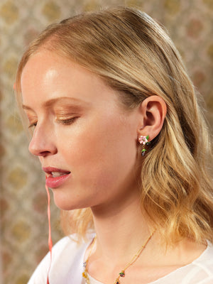 Aubergine and Flower Dangling Clip-On Earrings