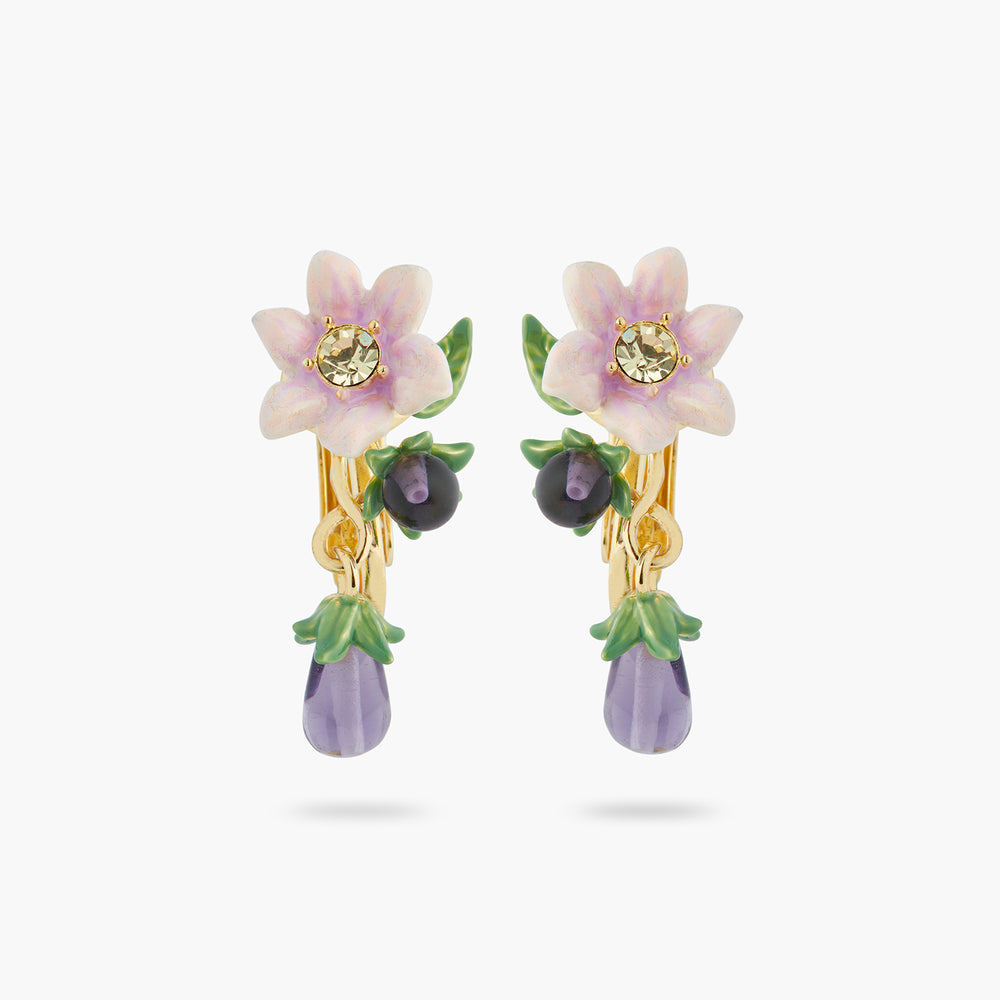 Aubergine and Flower Dangling Clip-On Earrings