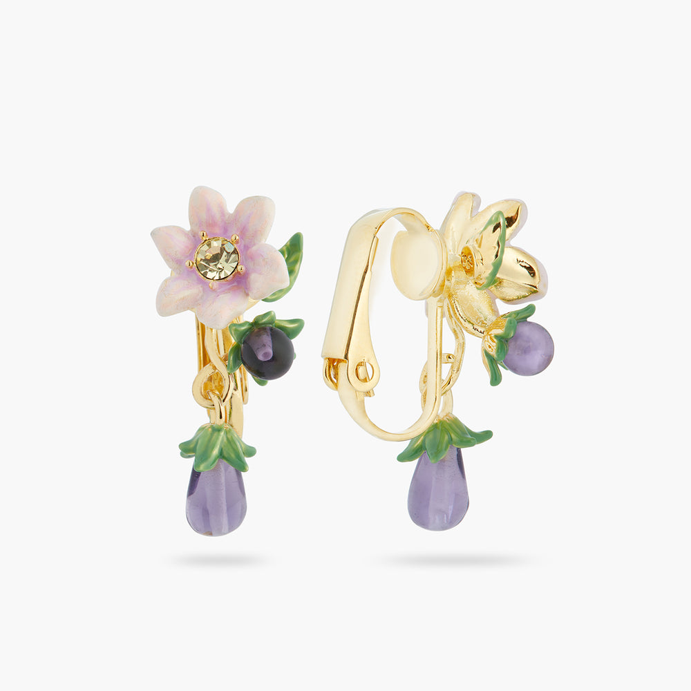 
            
                Load image into Gallery viewer, Aubergine and Flower Dangling Clip-On Earrings
            
        