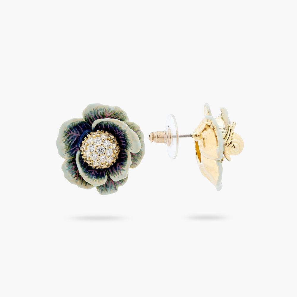 Cabbage Studded with White Crystal Post Earrings