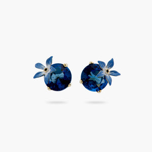 Blue Flower and Round Stone Post Earrings