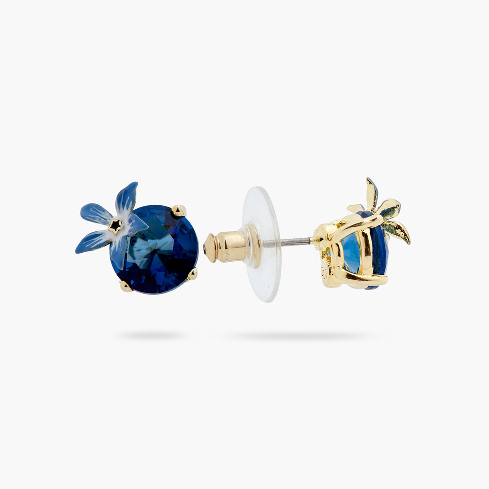 Blue Flower and Round Stone Post Earrings