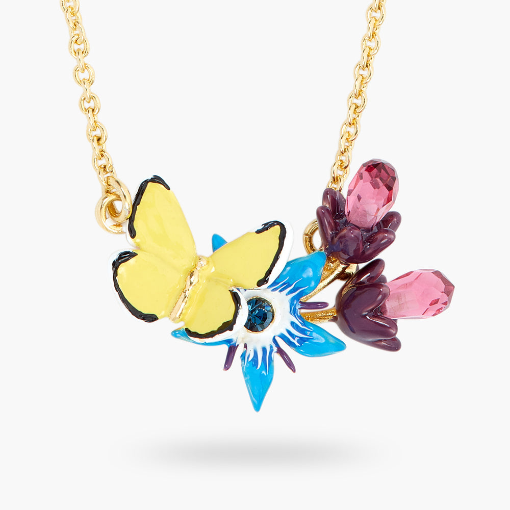 Blue Flower and Yellow Butterfly Pendant Necklace