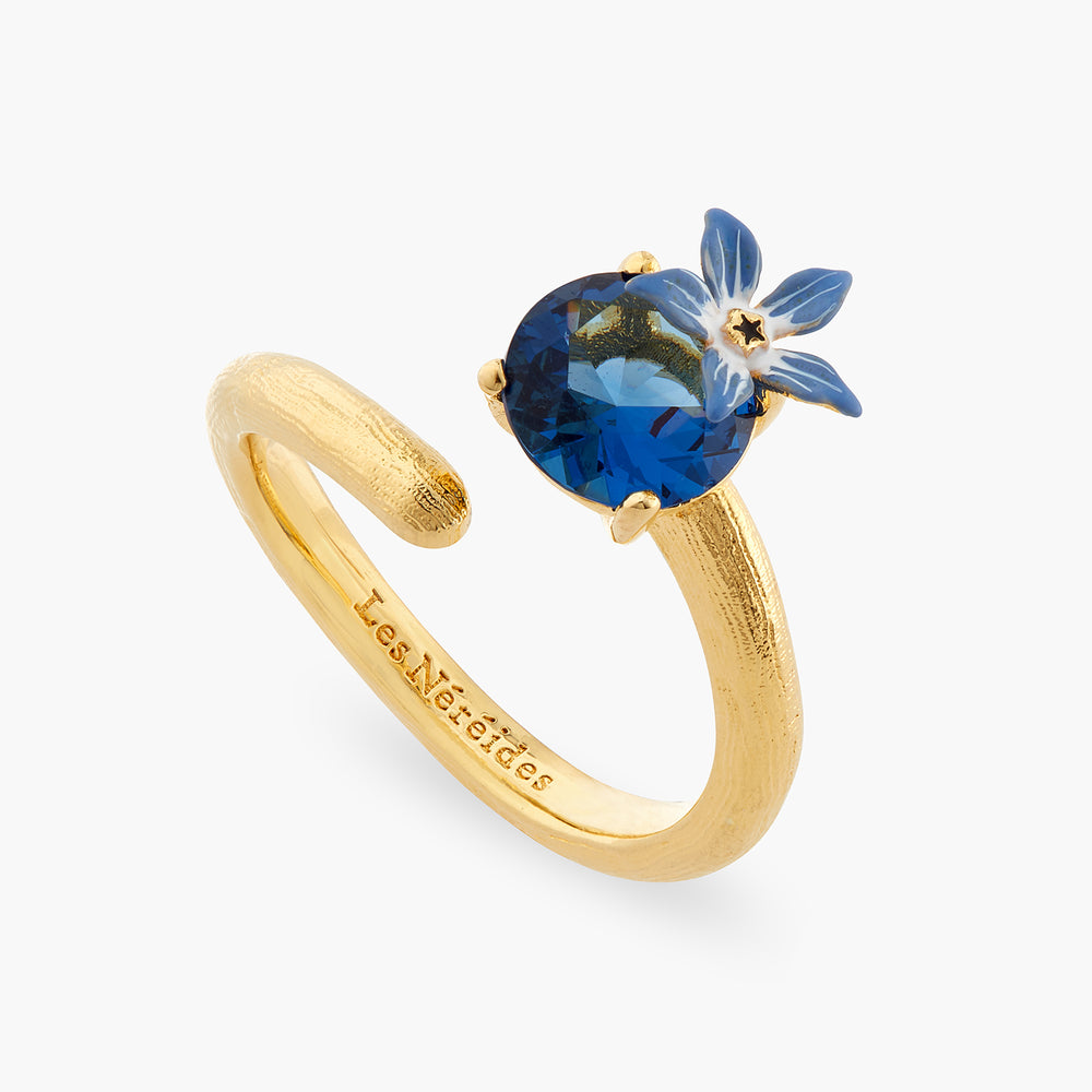 Blue Flower and Round Faceted Glass Adjustable Ring
